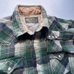 VTG 70s Kmart Flannel Shirt Mens Medium Green Plaid Wool Western Snap Outdoor